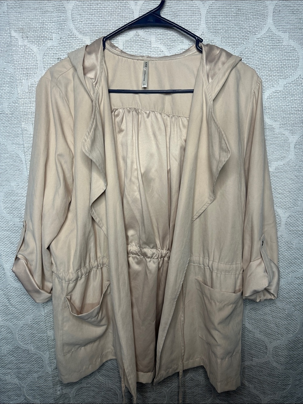 Kate Collection Women M Cream Tan Drape Open Front Anorak Trench Jacket